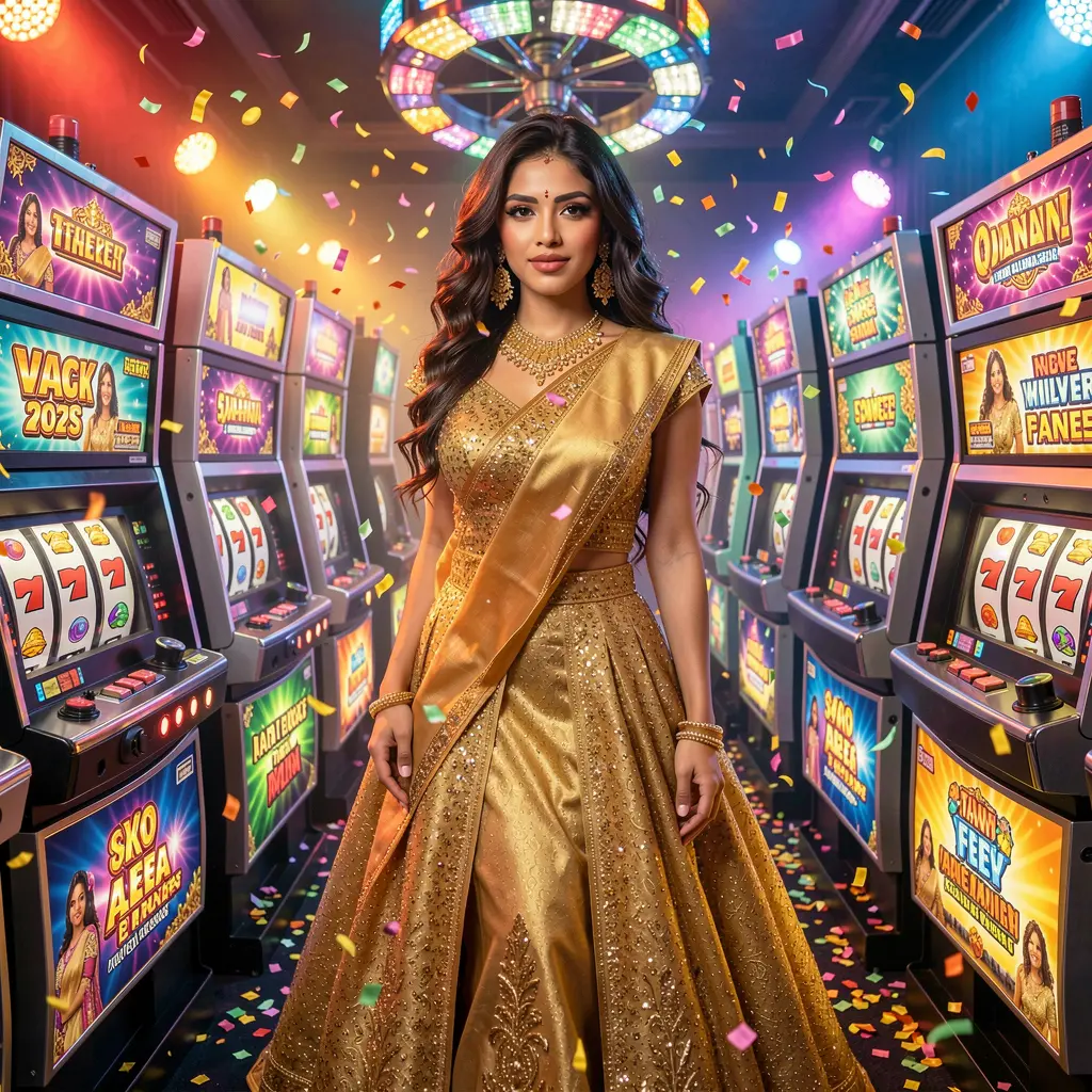 Elegant woman in a sparkling gold dress standing among bright slot machines at F222 casino creating a luxurious gaming atmosphere for players in Bangladesh